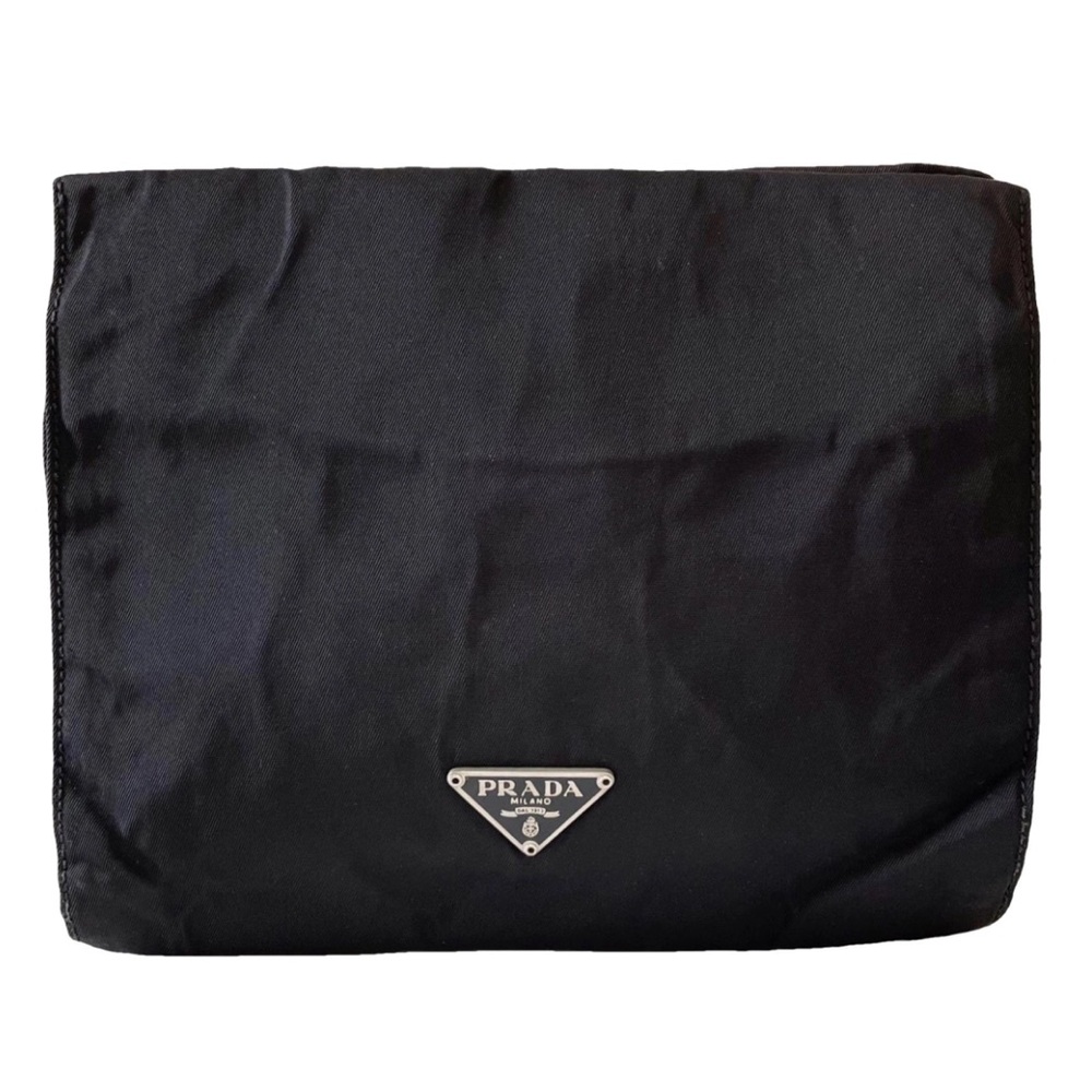 Prada black nylon triangle logo clutch bag